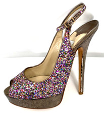 Jimmy Choo CLUE Glitter Gold Slingback Platform Open Toe Sandals Shoes Sz 38.5