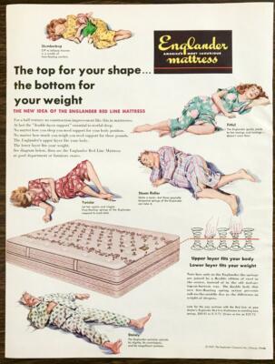 1948 Englander Mattress Print Ad Great Illustrations Funny Name Sleep Positions