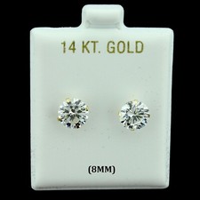 14K Real Solid Gold 8mm Solitaire Round CZ Stud Earrings, Men Women