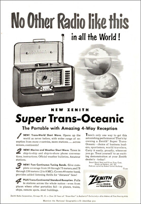 1951 vintage AD ZENITH Super Trans-Oceanic RADIOS Short wave & standard 021619
