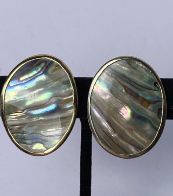 Vintage Earrings Abalone & Silver Clip On Hand Crafted Statement Glamour