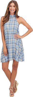 Mud Pie Summer Halter Neck Clara Swing Dress sz S Blue Plaid