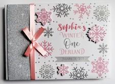 Winter Onederland snowflakes girl's birthday guest book, pink and silver