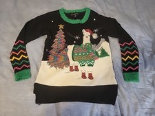 33 Degrees Ugly Christmas Sweater Womens XS Llama Sequin Tree Black 3D Pullover