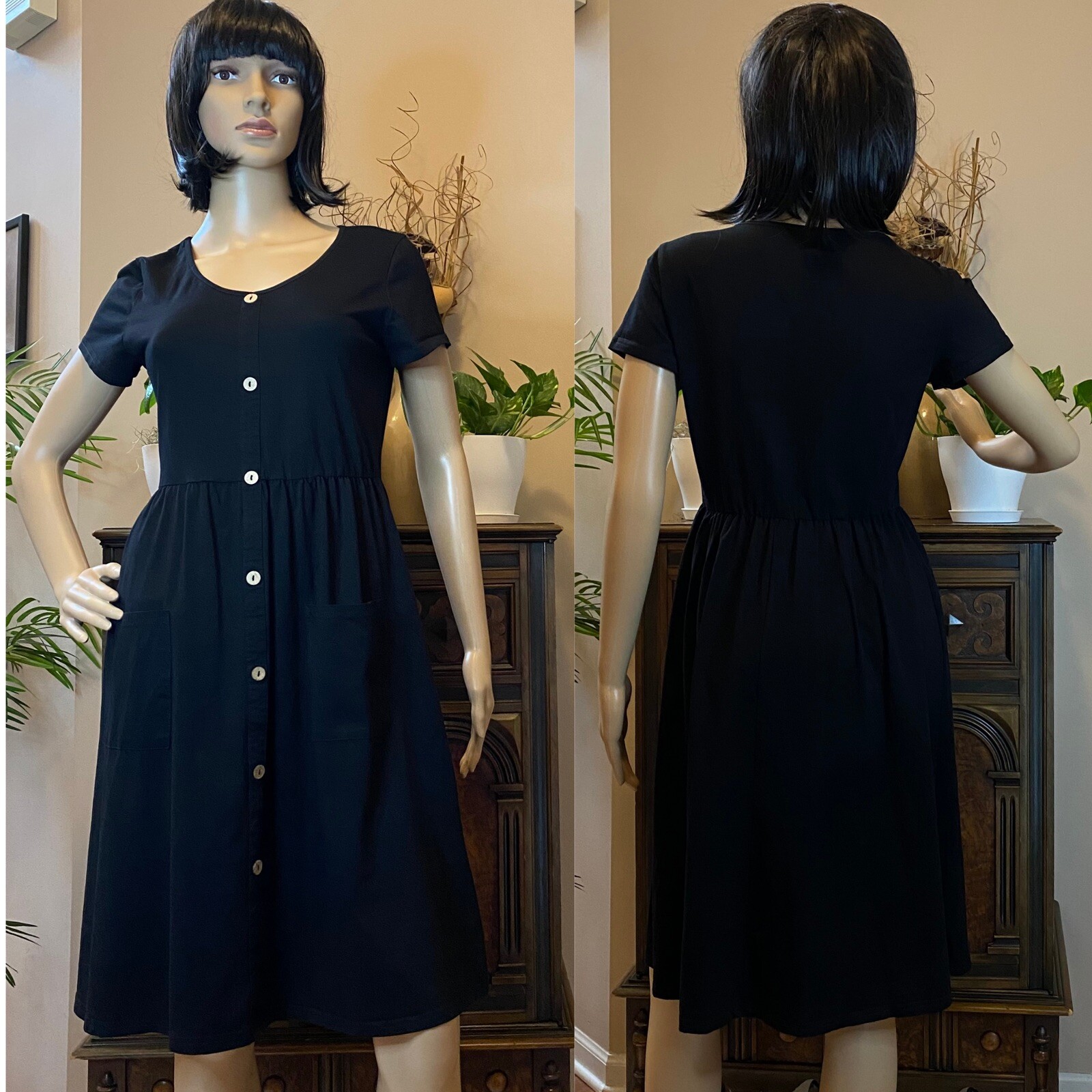 OUGES WOMEN BLACK DRESS SIZE M BUTTON FRONT W/POC… - image 1