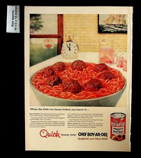 1955 Chef Boyardee Spaghetti Meatballs Tomato Sauce Can Vintage Print Ad 33632