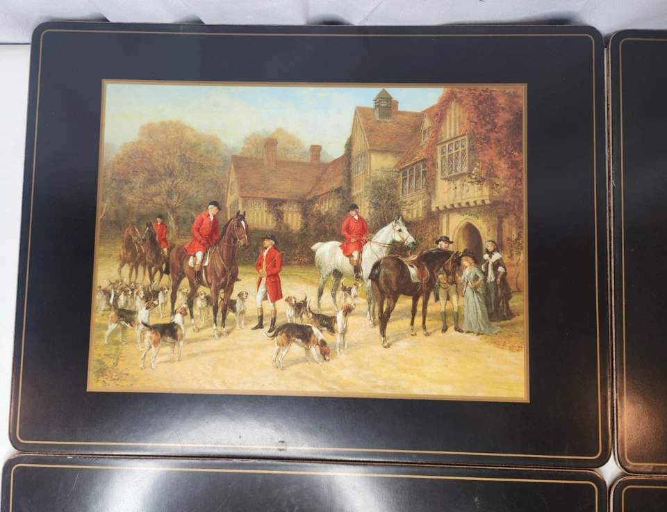 4pc Pimpernel Tally Ho Black Hunt Hounds Meet Table Cork Placemats England - Image 2 of 4