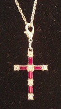 Gold Tone 29" Necklace Red  Clear Rhinestone Cross Pendant Lobster Clasp