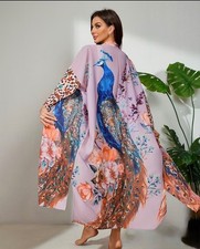 Bohemian Kimono Robe Long Duster Purple Peacock Bird Cover Up FREE SHIPPING 