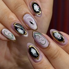 Halloween French Tip Press on Nails Medium Almond Fake Nails with Chrome Ghos...