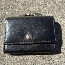 Vtg Bosca Mini Wallet Card Holder Hand Stained Hide Black Leather Kiss Lock Coin