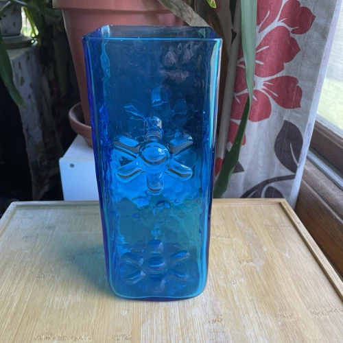 Blenko Glass Wayne Husted 6115M Turquoise Blue Square Daisy Vase MCM