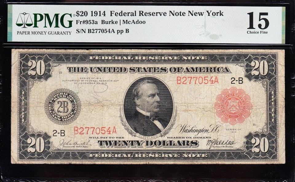 Nice *RARE* 1914 $20 New York "RED SEAL" FRN Note! PMG 15! FREE SHIP! B277054A - Image 2 of 3