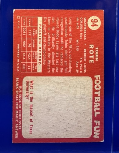 1958 Topps Football #94 - TOBIN ROTE - DETROIT LIONS - Picture 2 of 2