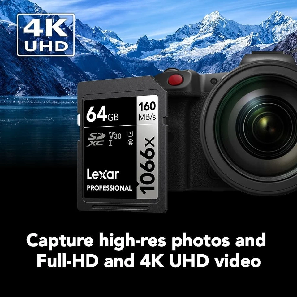 Lexar 64GB Professional 1066x SD Card, UHS-I, C10, U3, V30, Full 64GB, Black  - Image 3 of 4