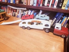 VINTAGE 1950's LINEMAR TIN FRICTION AUTO TRANSPORT CAR CARRIER TRUCK W/ LOAD