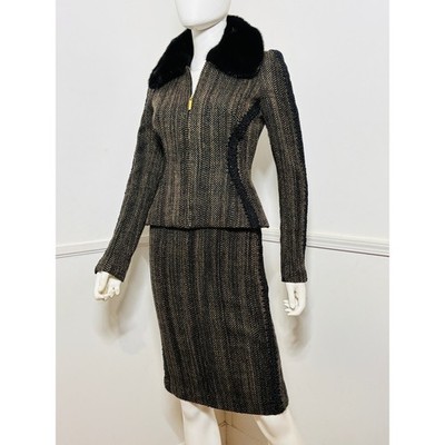 Y2K Vintage Tweed Mink Trimmed Skirt Suit by Roberto Cavalli