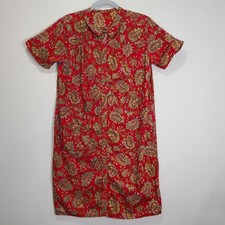 Vintage Red Paisley Short Sleeve House Nightgown Large Pocket Retro Chore