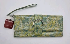Mundi 3 For All Wristlet Mini Bar Wallet PVC Green Teal Yellow Beige Paisley 