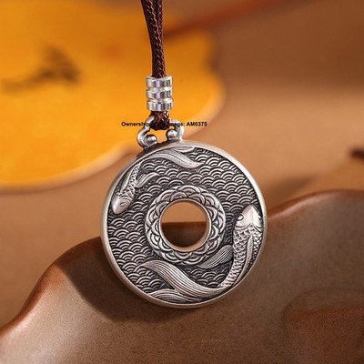 Echt 999 Feinsilber Anhänger Doppel Fisch Frieden Kreis Glücksamulett Pendant 30mmW