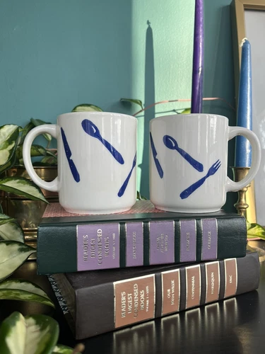Set Vintage Tre Ci Mugs White & Blue W/Spoon Fork & Knife Design made in Italy