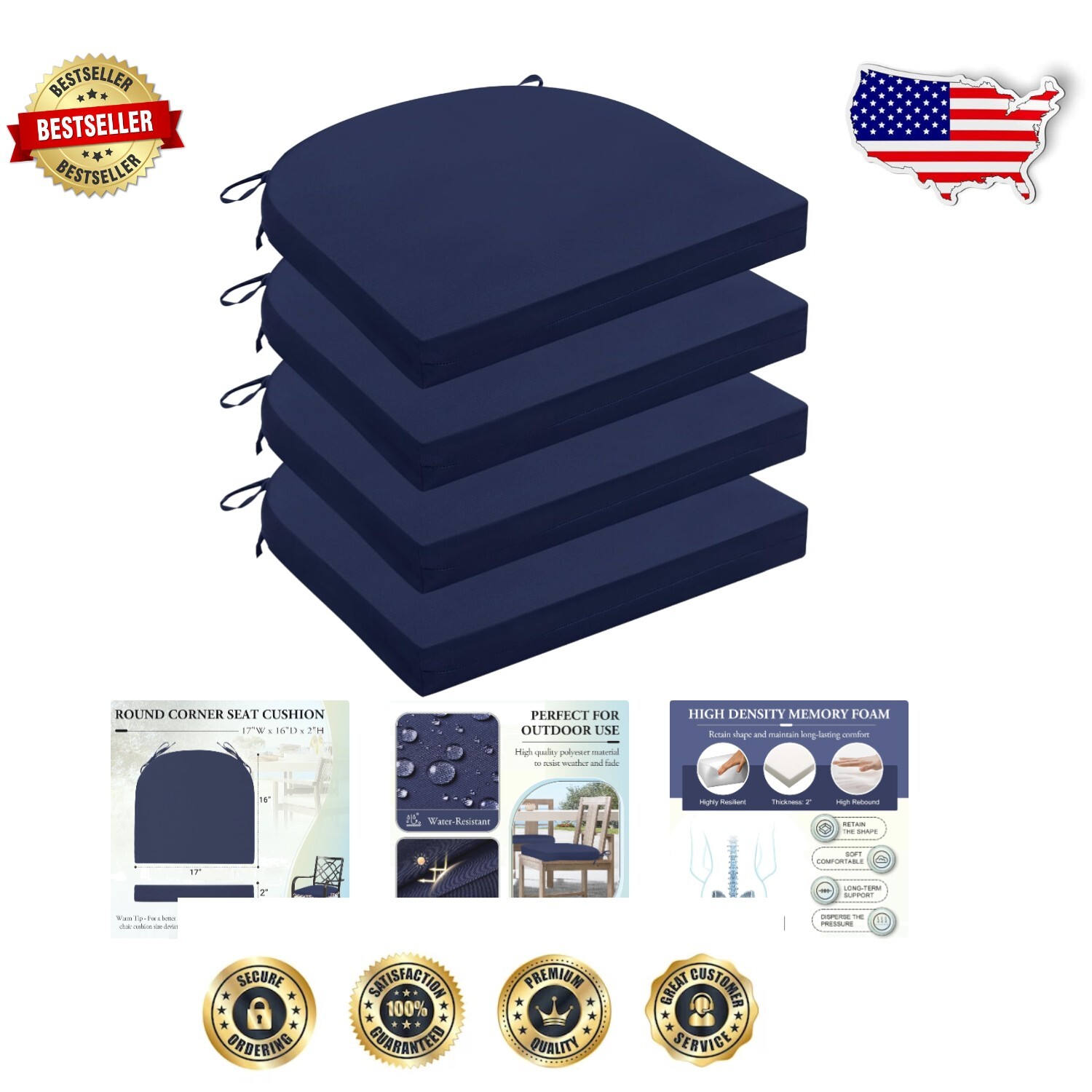High-Density Foam Patio Chair Cushions - Navy, 17''x16''x2'', Modern Style