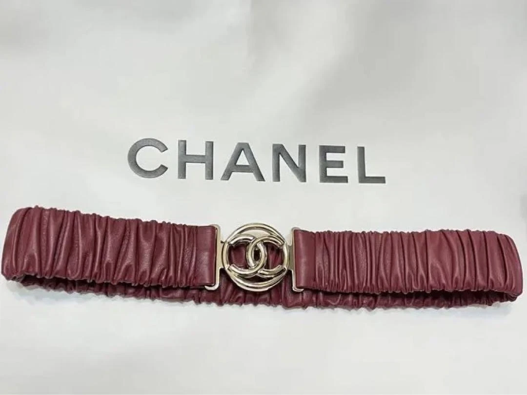 AUTH CHANEL RUBBER BELT COCO MARK GOLD & BORDEAUX B21K SIZE 70/28 F/S