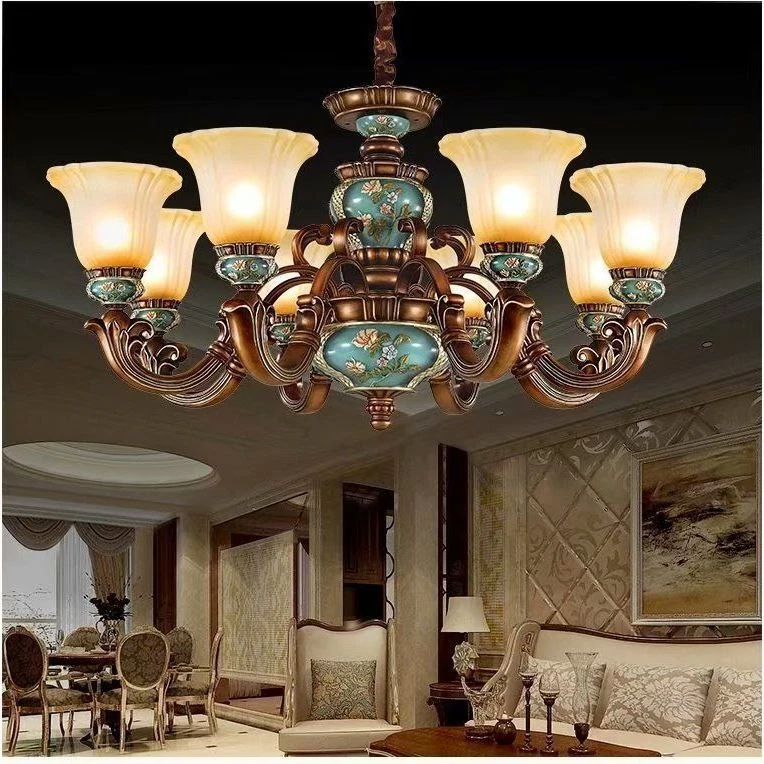 Villa Living Room Chandelier Luxury Resin Pendant Lamp Retro Glass Ceiling Light - Image 2 of 4