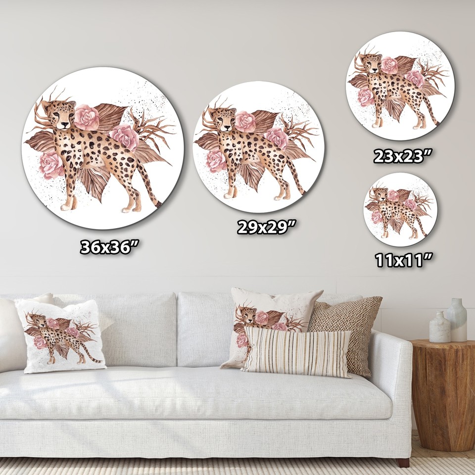 Designart 'Leopard WIth Pink Tropical Flowers' Traditional Metal Circle