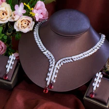 Silver Plated Cubic Zirconia Red Drop Dangle Earrings Leaf Necklace Jewelry Set