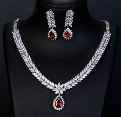18k White Gold Plated Red Garnet Necklace Earrings Set Gorgeous Bride Jewelry