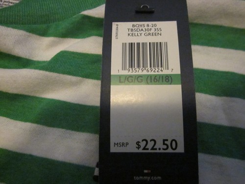 TOMMY HILFIGER Boy’s T Shirt Sz Large (16/18) Green &White Striped Short Sleeves - Picture 4 of 4