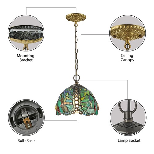 Tiffany Style Stained Glass Pendant Lamp 1 Light Dragonfly Hanging Lighting - Picture 2 of 11