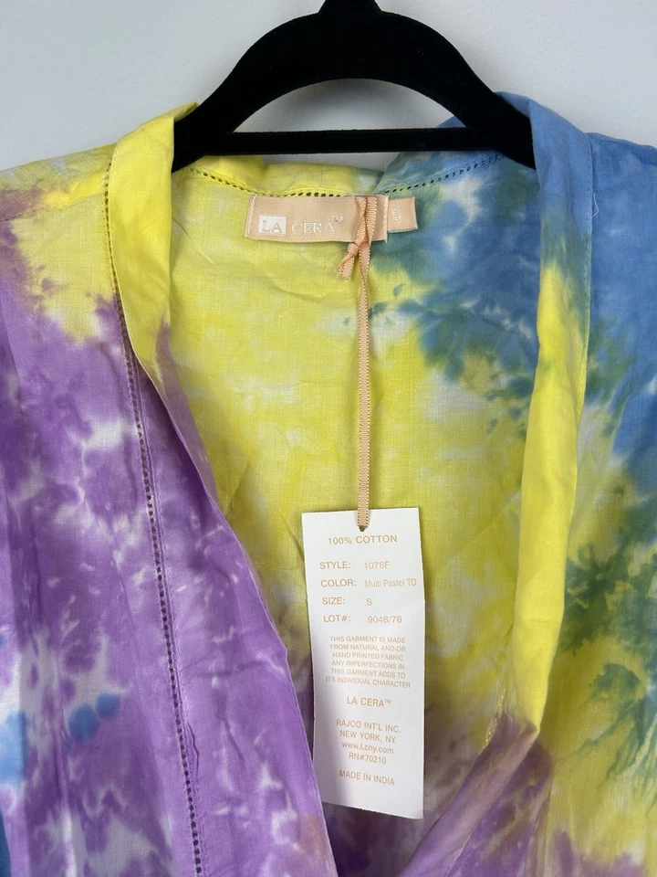 NUEVO CON ETIQUETAS Bata corta de algodón La Cera Tie Dye talla mediana amarilla púrpura bolsillos NUEVO Foto 2 de 4