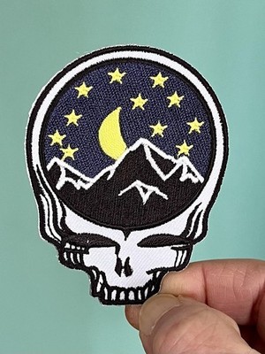 Grateful Dead Iron on Patch Moon Stars Yellow White Black Embroidered Skull