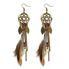 Boho Dreamcatcher Feather Dangle Earrings Bronze Tone w/Clip Converters E33