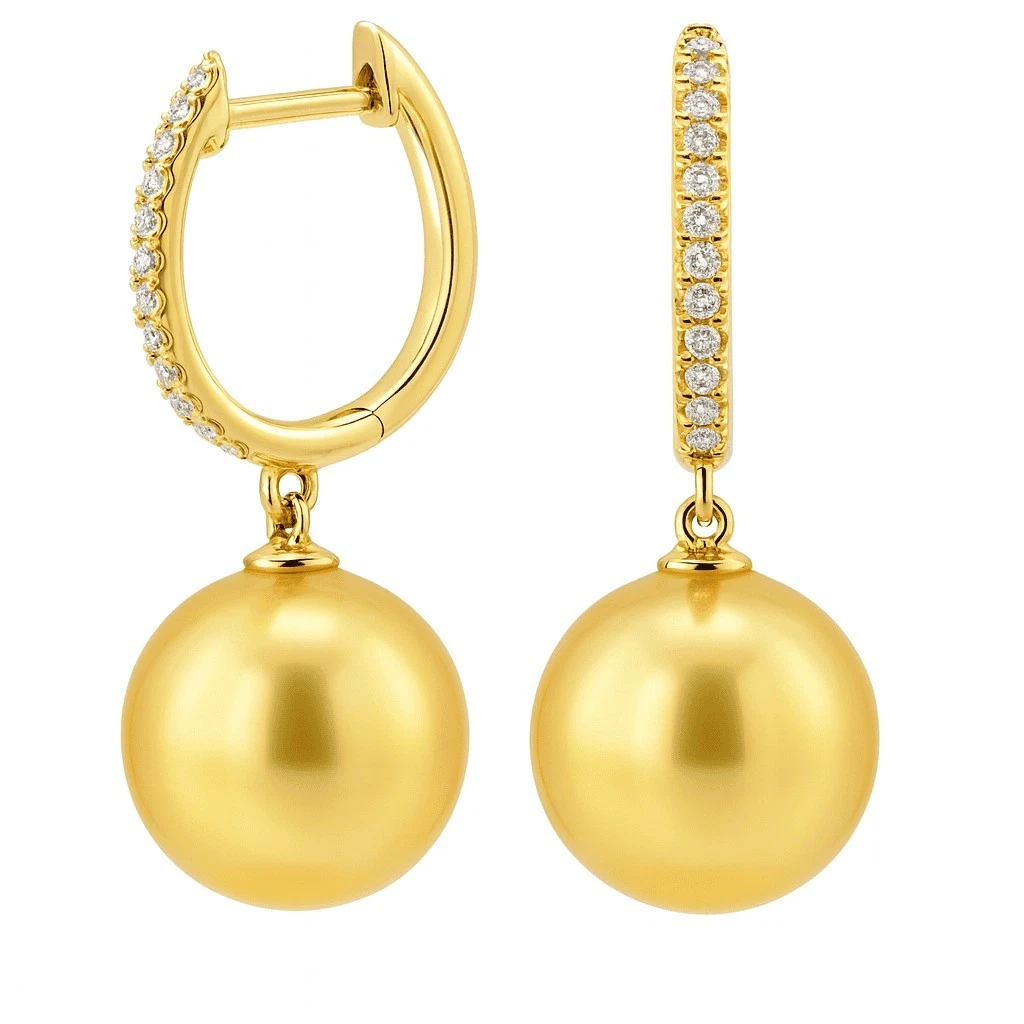 14K Yellow Gold Golden Cultured Pearl & Diamond Earrings 10-11mm 0.08 ct tw