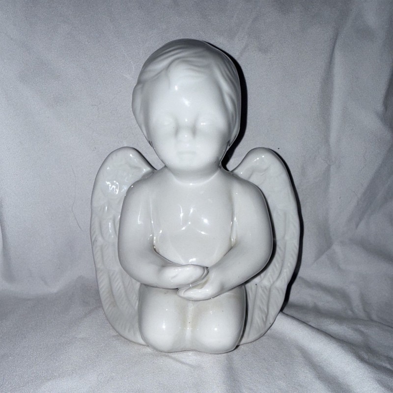 Vintage White Ceramic Praying Cherub Angel Figurine Glossy Home Decor