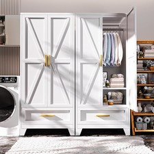 71" Metal Wardrobe Cabinet With Barn Door,Drawers,Hanging Rod For Closet,Bedroom