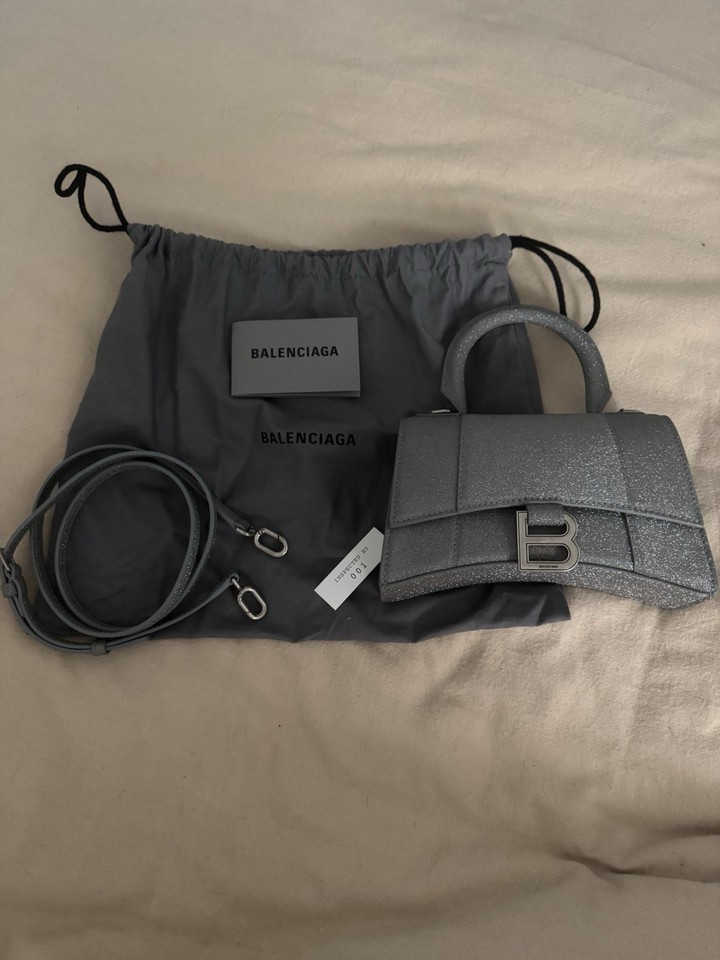 Balenciaga Hourglass XS Silver Glitter Fabric Top Handle Bag w Strap