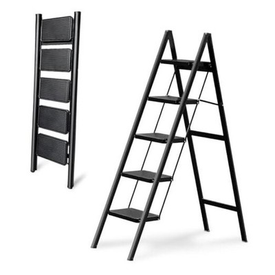 5-Step Folding Ladder, Heavy Duty Ladders for Home & 5 Step Ladder Black