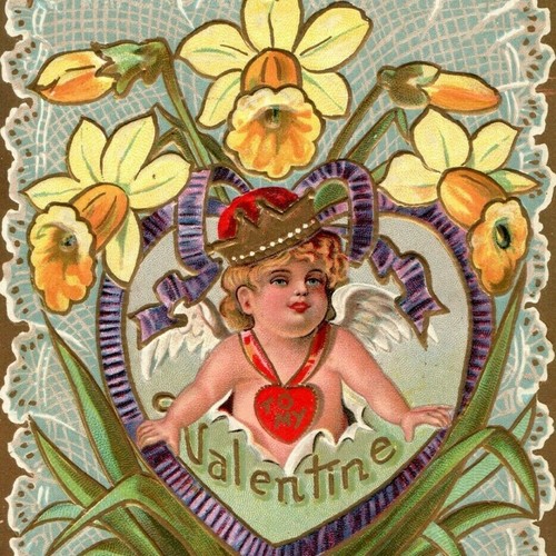 Antique Valentine's Day Postcard Cupid w/ Heart & Gold Crown Poem Daffodils 1A