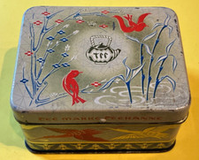 Alt Blech Tee Dose Marke Teekanne bunt leer 9x7x5cm Werbung Reklame Kolonialware