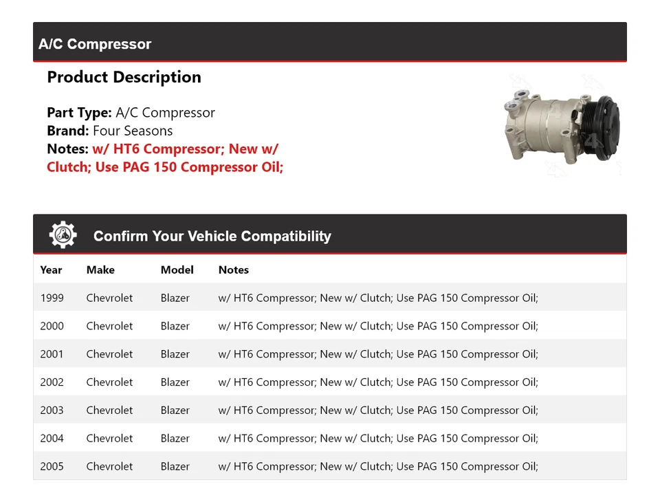 Compresor de aire acondicionado Chevrolet Blazer 1999-2005 4 estaciones 2000 2001 2002 2003 2004 Foto 2 de 4