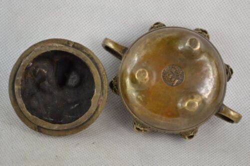 Antique folk collectable Old Bronze Incense Burner Lid w Dragon Censer Signed h8 - Picture 2 of 5