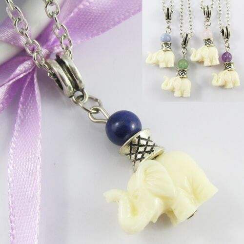 Gemstone Lucky Elephant Charm Necklace Silver Tone 78cm Select Colour - Picture 1 of 7