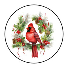 30 CARDINAL STICKERS ENVELOPE SEALS LABELS 1.5" ROUND CHRISTMAS WREATH FAVORS