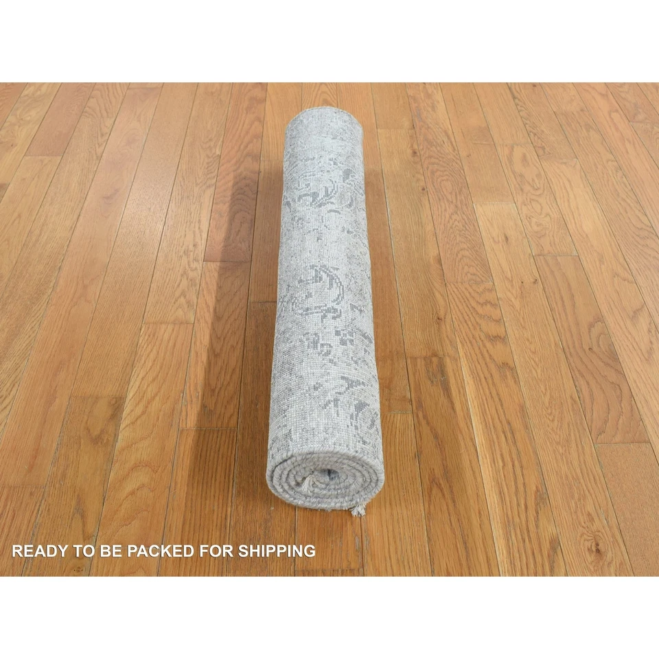 2'7"x5'10" Gray Hand Knotted Damask Design Wool and Silk Runner Rug G78042 - Image 4 of 4