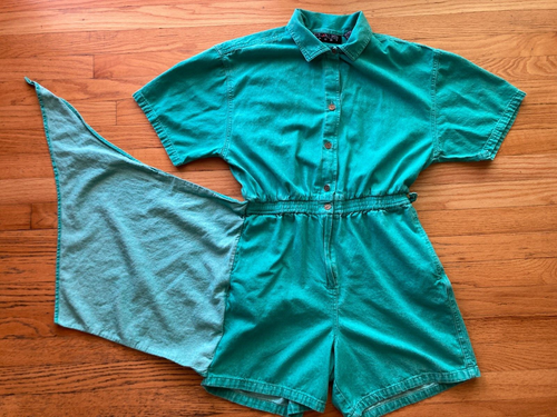 VINTAGE 1990s CHAUS SPORT GREEN JUMPSUIT PLAYSUIT ROMPER one piece shorts COTTON - 第 1/7 張圖片