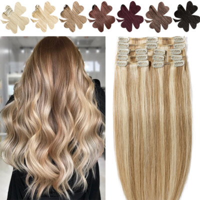 Clip In Remy 100% Human Hair Extensions Full Head Real Remy Ombre Highlight